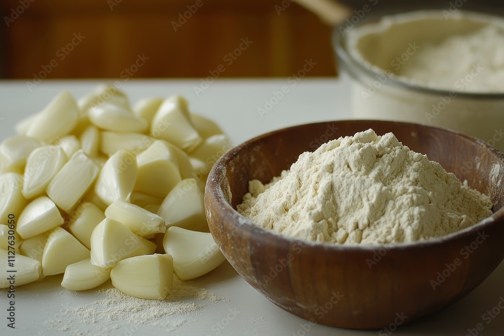 Fresh Garlic Cloves and Flour in Wooden Bowl with Blurred Background of Kitchen Setting for Culinary and Food Preparation Themes Fresh Garlic Cloves and Flour in Wooden Bowl with Blurred Background of Kitchen Setting for Culinary and Food Preparation Themes