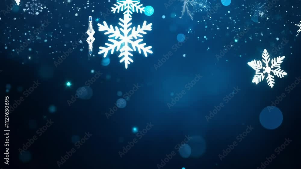 This video features a dark background with blue bokeh lights and shimmering, snowflake-shaped sparkles, wintry and magical This video features a dark background with blue bokeh lights and shimmering, snowflake-shaped sparkles, wintry and magical