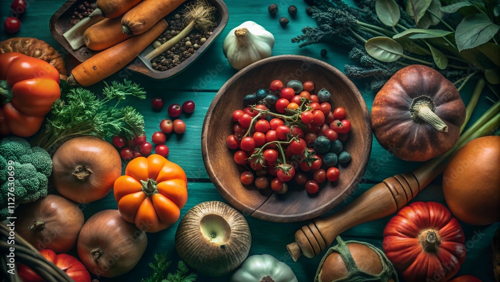 composition of autumn vegetables, berries and mushrooms composition of autumn vegetables, berries and mushrooms