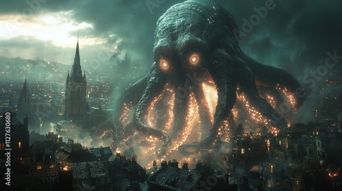 A colossal glowing octopus looms over a gloomy city, its eyes radiating light as it emerges from the mist, creating an ominous atmosphere. AI generated. photo