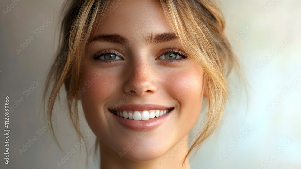 Close-up portrait of beautiful smiling blonde woman showing perfect white teeth, radiating happiness and confidence Close-up portrait of beautiful smiling blonde woman showing perfect white teeth, radiating happiness and confidence