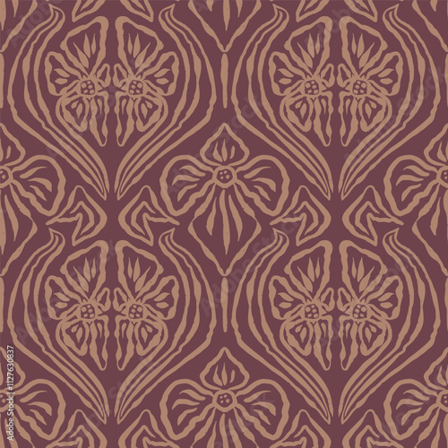 Inky brush strokes brown flowers seamless pattern damask style. Abstract modern floral background. Textured botanical minimalist wallpaper