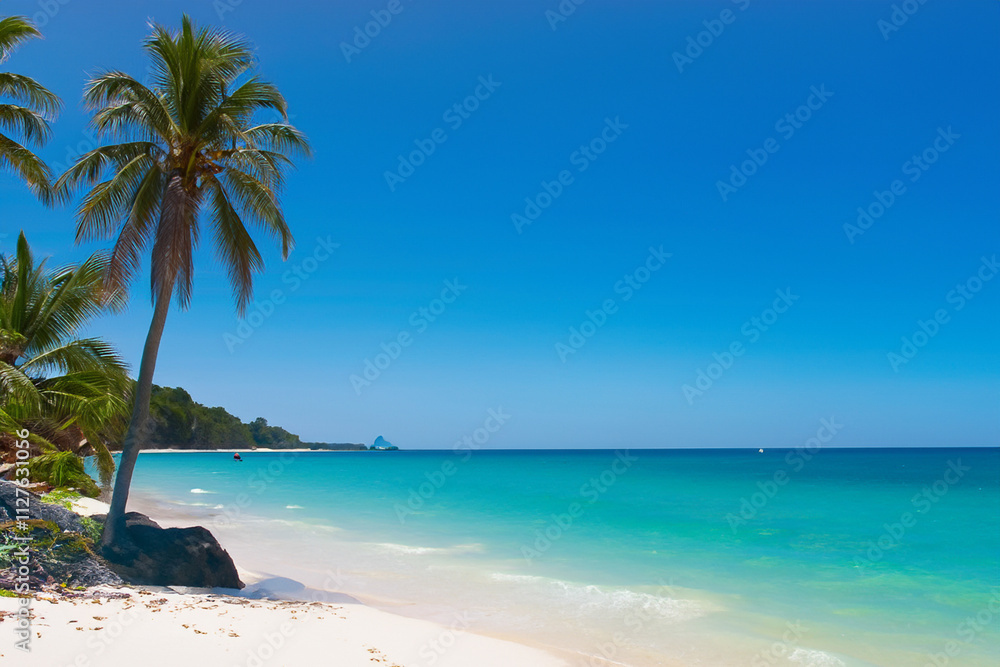 Tropical beach with palm trees blue water. Palms and palm trees on the beach in the sea. Palms and blue green sea on the beach. Palms and blue sky on the beach with nature and lifestyle nature. Tropical beach with palm trees blue water. Palms and palm trees on the beach in the sea. Palms and blue green sea on the beach. Palms and blue sky on the beach with nature and lifestyle nature.