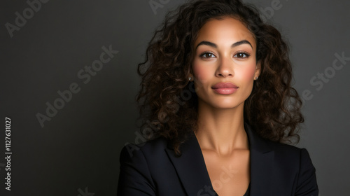 Professional young businesswoman exudes confidence in studio headshot wearing a black jacket