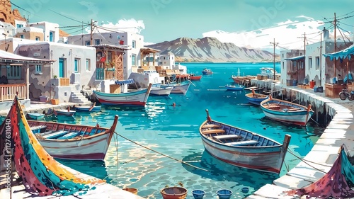 Rustic Greek Fishing Village Watercolor. Greek Fishing Village with Boats. For Posters, Travel, Decor, and Gifts