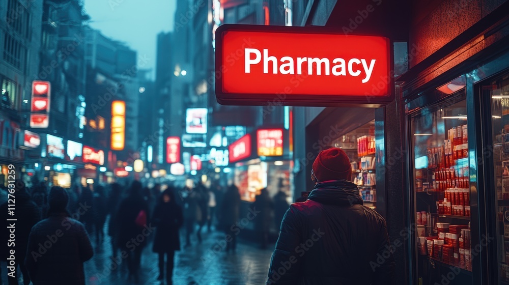 A person in a red beanie observing brightly illuminated pharmacy sign amidst a bustling urban street with neon lights at dusk A person in a red beanie observing brightly illuminated pharmacy sign amidst a bustling urban street with neon lights at dusk