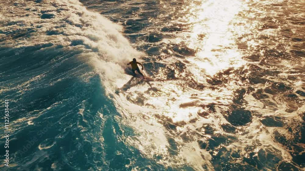 Surfer aerial. Surfer rides the wave in the Maldives. Aerial view of the rider on a wave Surfer aerial. Surfer rides the wave in the Maldives. Aerial view of the rider on a wave