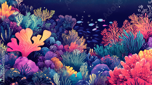 A vibrant underwater scene filled with colorful corals and marine life. Serenity. Illustration photo