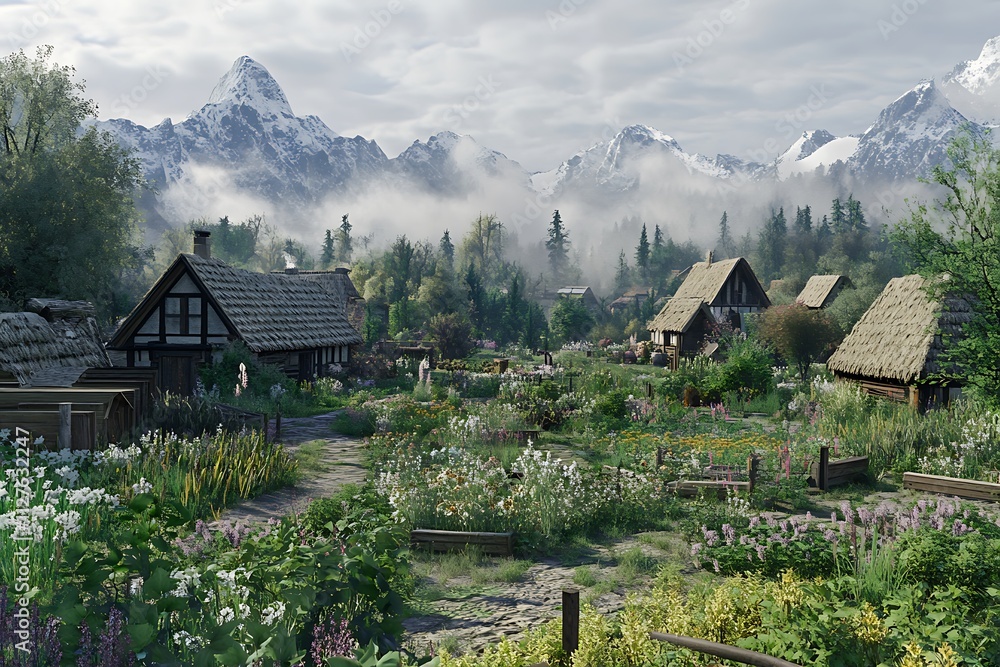 A serene village scene surrounded by mountains and lush gardens. A serene village scene surrounded by mountains and lush gardens.