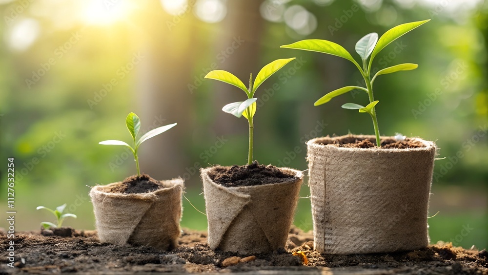 Three young plants growing in eco-friendly jute pots