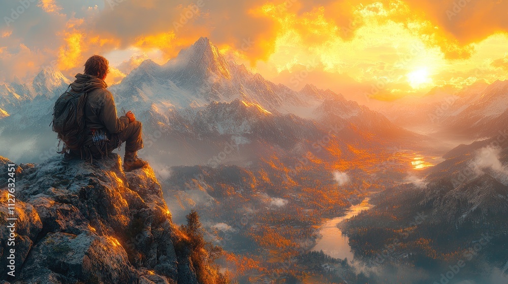 A hiker gazes at a stunning sunset over mountains and a river, capturing nature's beauty. A hiker gazes at a stunning sunset over mountains and a river, capturing nature's beauty.