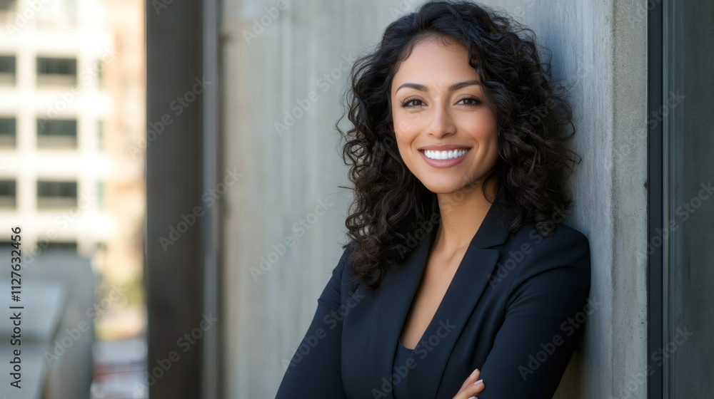 Smiling hispanic businesswoman with crossed arms in a modern office: a portrait of success Smiling hispanic businesswoman with crossed arms in a modern office: a portrait of success
