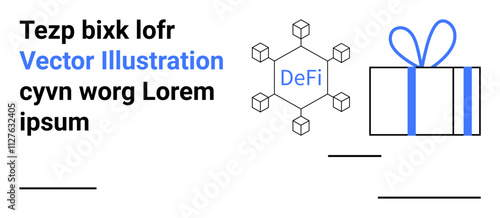 Gift box wrapped with blue ribbon next to decentralized finance DeFi network of cubes. Ideal for blockchain, digital assets, financial technology, fintech, cryptocurrency, holiday marketing