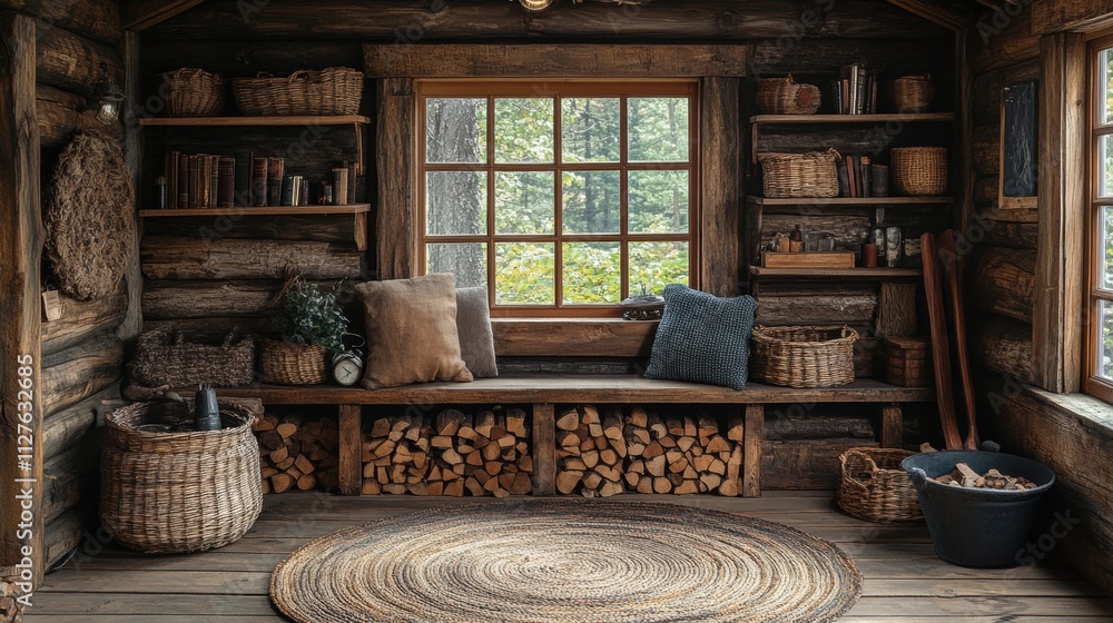 A cozy and rustic cabin interior showcasing a harmonious blend of wooden textures, nature-inspired elements, and inviting decor accents A cozy and rustic cabin interior showcasing a harmonious blend of wooden textures, nature-inspired elements, and inviting decor accents