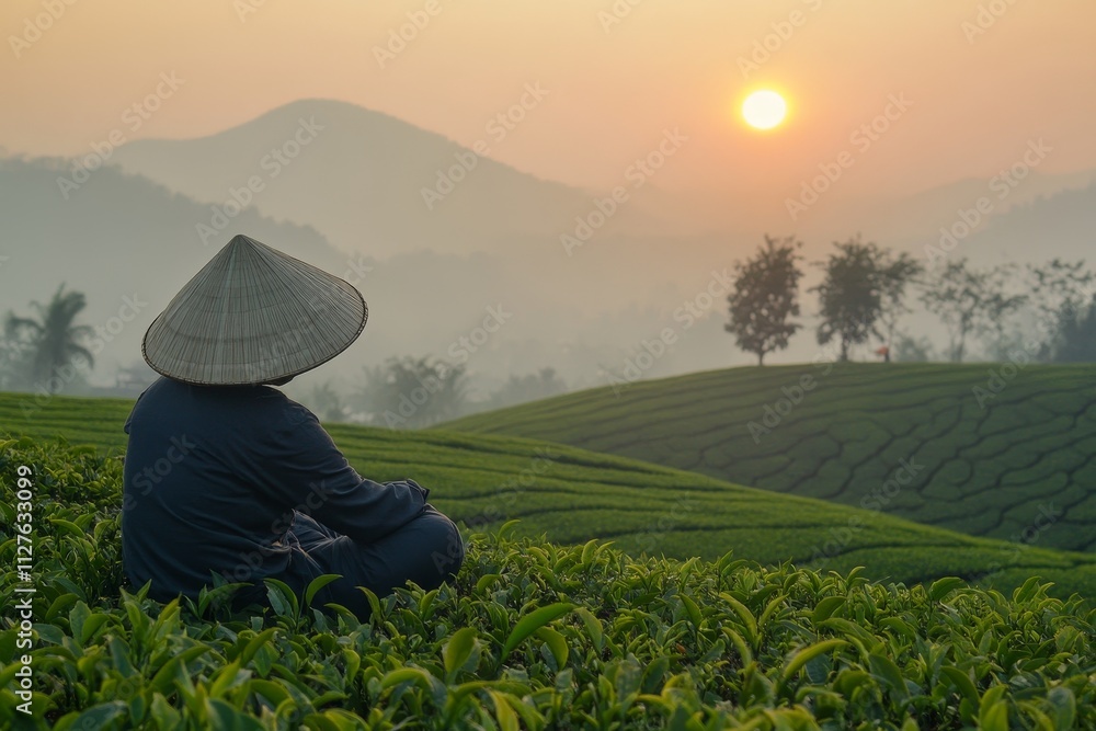 Stunning sunrise over the expansive long coc tea hills in vietnam s scenic landscape Stunning sunrise over the expansive long coc tea hills in vietnam s scenic landscape