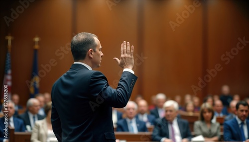 Man in suit raising hand in courtroom. Witness taking oath during legal proceedings. Formal legal setting. People in audience. Serious atmosphere. Legal system in action.