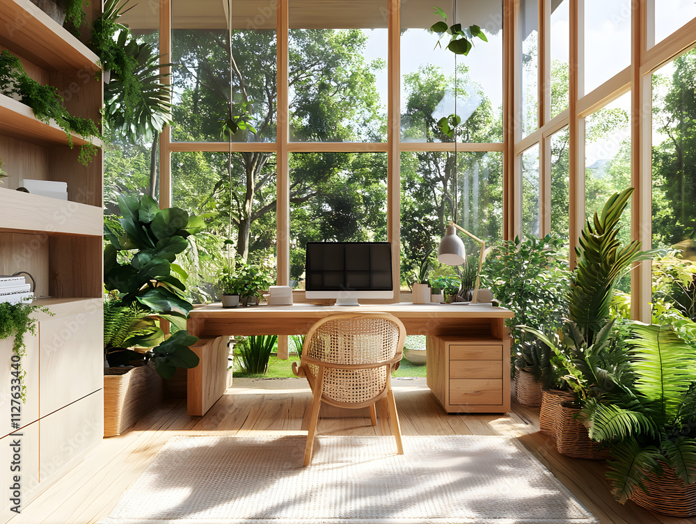Fototapeta premium sustainability: A nature-inspired workspace with plants, natural wooden furniture