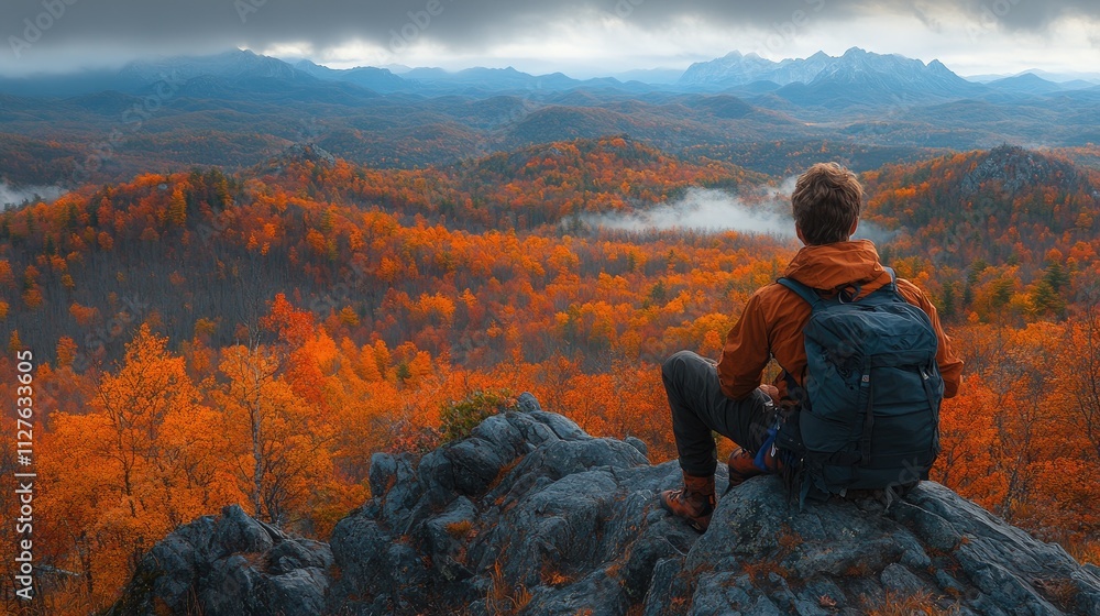 A hiker gazes over a vibrant autumn landscape from a rocky vantage point. A hiker gazes over a vibrant autumn landscape from a rocky vantage point.