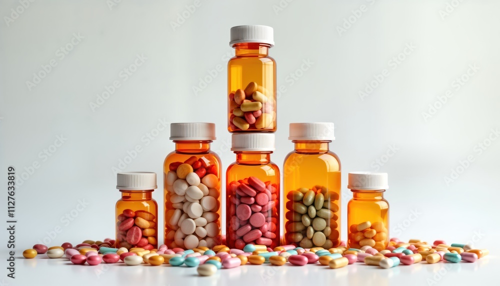 Stacked amber bottles filled with various colorful pills, capsules. Different colored pills in different bottles. Organized arrangement on white background. Display of assorted medications. Stacked amber bottles filled with various colorful pills, capsules. Different colored pills in different bottles. Organized arrangement on white background. Display of assorted medications.