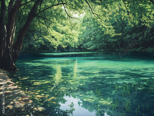 sustainability: A serene lakeside surrounded by vibrant green trees