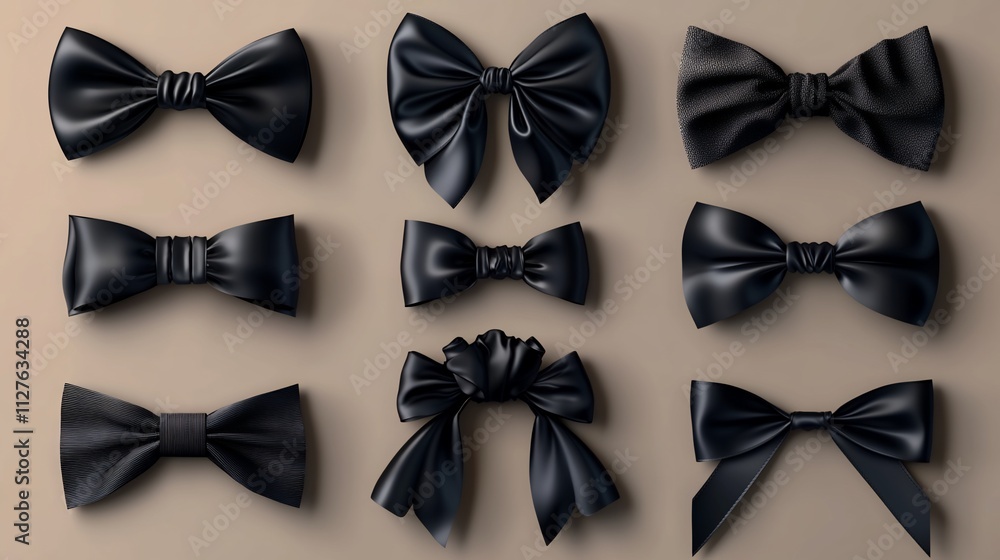 Nine black satin bows, various styles. Nine black satin bows, various styles.