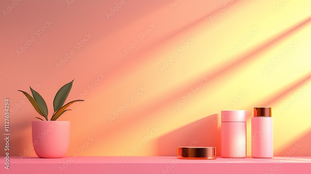 Pink cosmetic products on shelf in sunlight. Pink cosmetic products on shelf in sunlight.