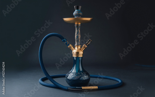Elegant blue hookah with intricate design sitting on dark background