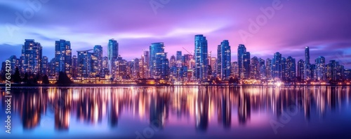 Brightly lit city skyline powered by waterbased energy, hydro s stock market relevance photo