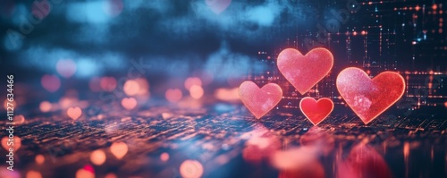 Broken digital hearts scattered on a glowing screen, symbolizing the emotional toll of online harassment