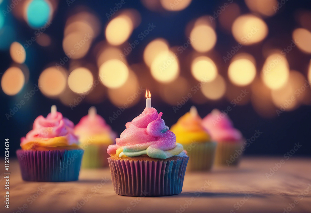 Row Of Colorful Cupcake With Candles And Bokeh Lights Row Of Colorful Cupcake With Candles And Bokeh Lights