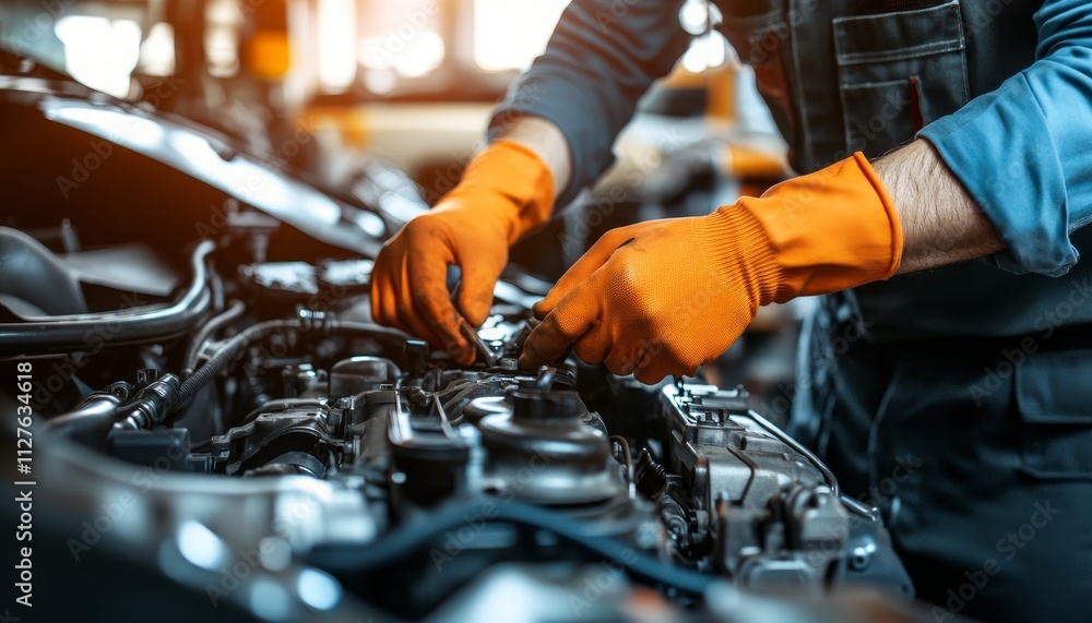 Dedicated mechanic in orange gloves carefully fixing car engine in automotive repair workshop Dedicated mechanic in orange gloves carefully fixing car engine in automotive repair workshop
