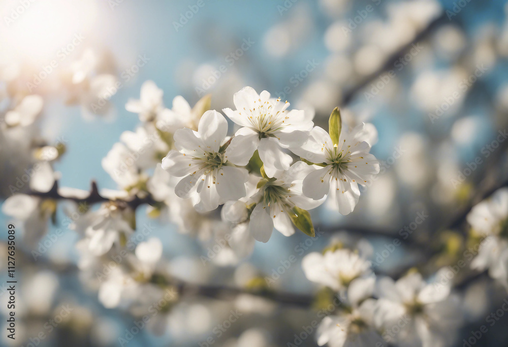 Spring Blooming White Blossoms And Sunlight In The Sky Spring Blooming White Blossoms And Sunlight In The Sky