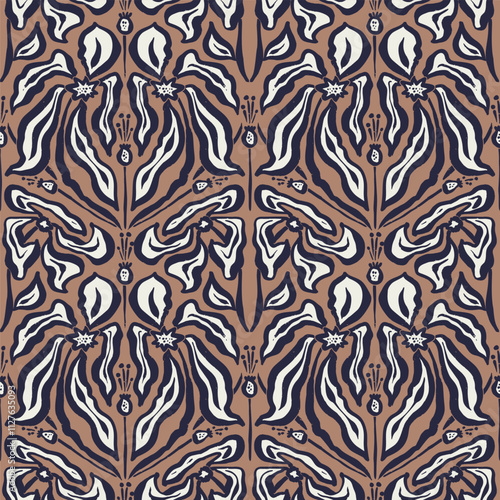 Inky brush strokes brown flowers seamless pattern damask style. Abstract modern floral background. Textured botanical minimalist wallpaper