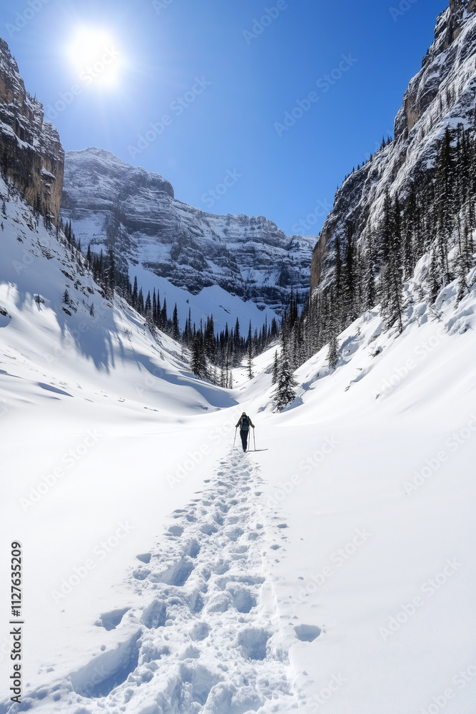 a lone traveler hiking on a serene snowy landscape a lone traveler hiking on a serene snowy landscape