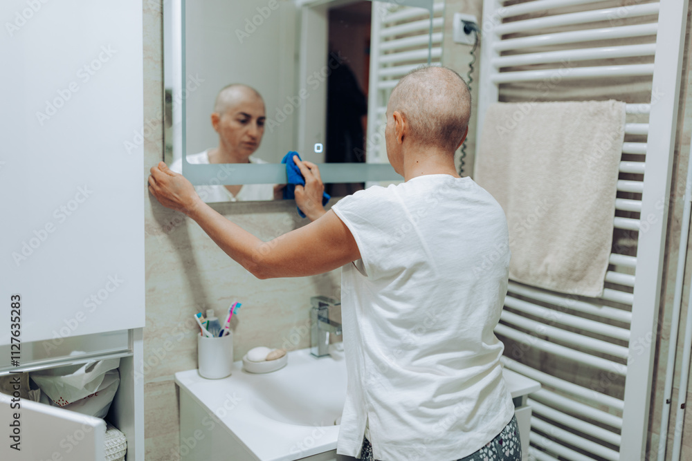 A dedicated woman suffering from cancer is focused on cleaning her bathroom mirror, emphasizing her attention to detail and the importance of cleanliness in her life. A dedicated woman suffering from cancer is focused on cleaning her bathroom mirror, emphasizing her attention to detail and the importance of cleanliness in her life.