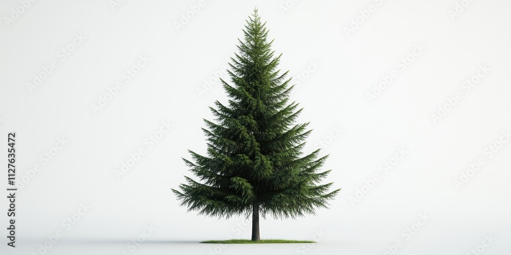 A beautifully symmetrical evergreen tree stands alone on a patch of grass against a pristine white background, showcasing its natural elegance and structural simplicity. A beautifully symmetrical evergreen tree stands alone on a patch of grass against a pristine white background, showcasing its natural elegance and structural simplicity.