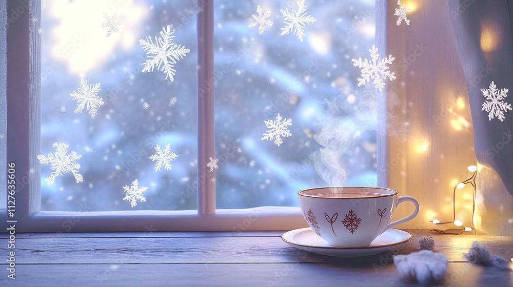 Cozy Winter Tea Scene Steaming Cup, Snowflakes Through Window, Soft Winter Lights Glow Cozy Winter Tea Scene Steaming Cup, Snowflakes Through Window, Soft Winter Lights Glow
