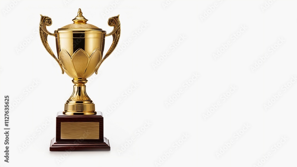 Golden steel trophy, dual handle neo-classic, isolated on white. Trophy is a tangible, durable reminder of a specific achievement, serves as recognition/evidence of merit, awarded for sporting events Golden steel trophy, dual handle neo-classic, isolated on white. Trophy is a tangible, durable reminder of a specific achievement, serves as recognition/evidence of merit, awarded for sporting events