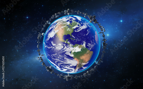 Earth surrounded by satellites in a cosmic setting showcasing space technology and exploration photo