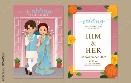  Wedding invitation card the bride and groom cute couple in traditional indian dress cartoon character