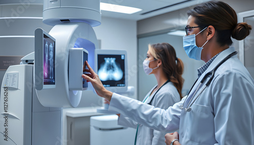 In the Hospital, Mammography Technologist / Doctor adjusts Mammogram Machine for a Female Patient. Modern Technologically Advanced Clinic with Professional Doctors. Breast Cancer Prevention Screenin