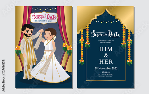  Wedding invitation card the bride and groom cute couple in traditional indian dress cartoon character