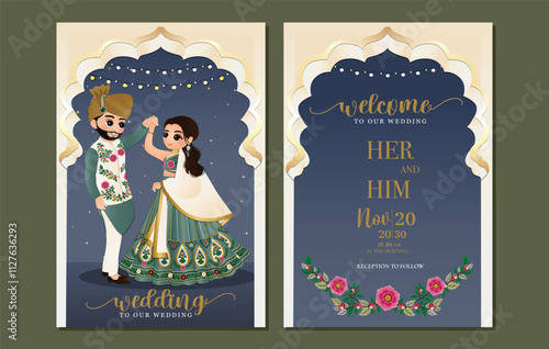  Wedding invitation card the bride and groom cute couple in traditional indian dress cartoon character