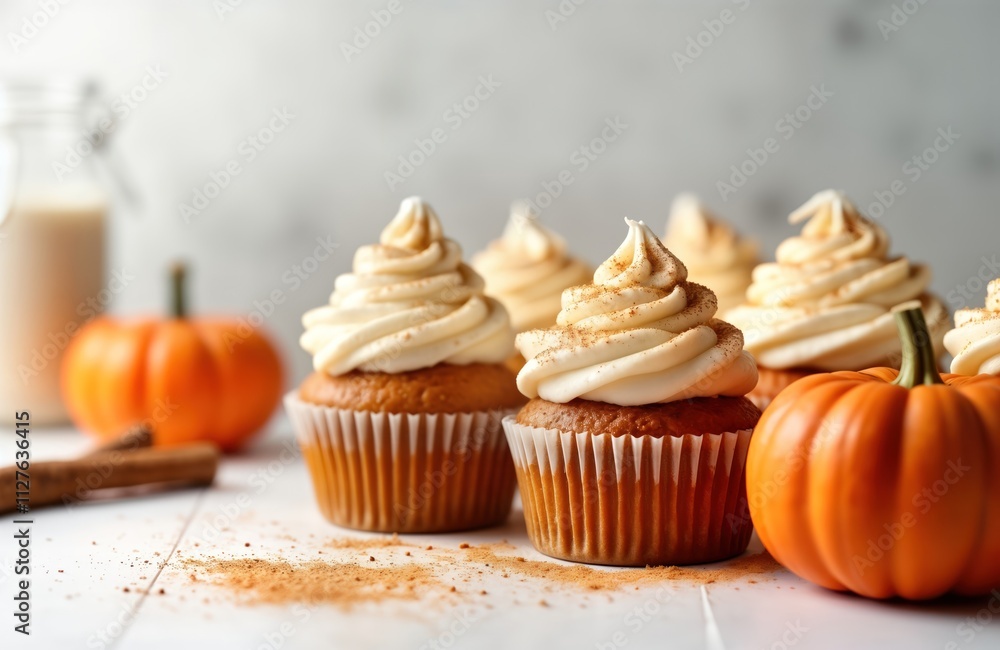 Pumpkin cupcakes on white table. Topped with cream cheese frosting, cinnamon. Mini cupcakes decorated. Small pumpkins near cupcakes. Seasonal treat perfect for fall autumn. Yummy baked goods.