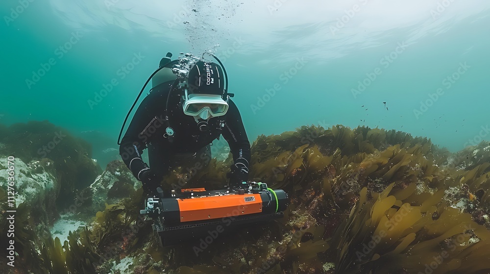 Underwater diver operating equipment on seabed. Underwater diver operating equipment on seabed.