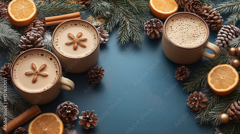 Cups of coffee with garland lights and decoration on table. Cozy home concept Cups of coffee with garland lights and decoration on table. Cozy home concept