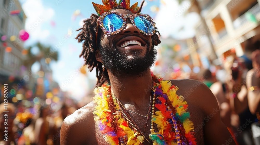A vibrant and joyous scene captures a young man celebrating at a colorful and lively festival, with festive decorations and radiant happiness all around. A vibrant and joyous scene captures a young man celebrating at a colorful and lively festival, with festive decorations and radiant happiness all around.