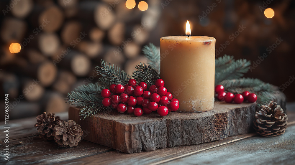 Christmas decoration with candles on over blurred background and bokeh effect Christmas decoration with candles on over blurred background and bokeh effect
