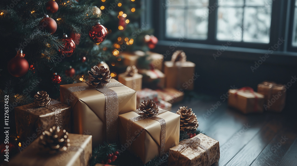 Beautiful Christmas gift boxes on floor near fir tree in room Beautiful Christmas gift boxes on floor near fir tree in room