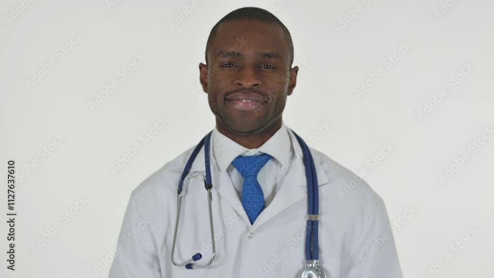 Portrait of African Doctor Shaking Head in Acceptance on White Background Portrait of African Doctor Shaking Head in Acceptance on White Background